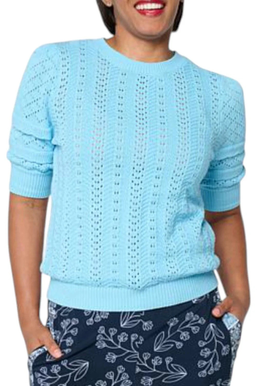 Badgley Mischka Women's Puff Sleeve Pointelle Sweater Ice - Regular